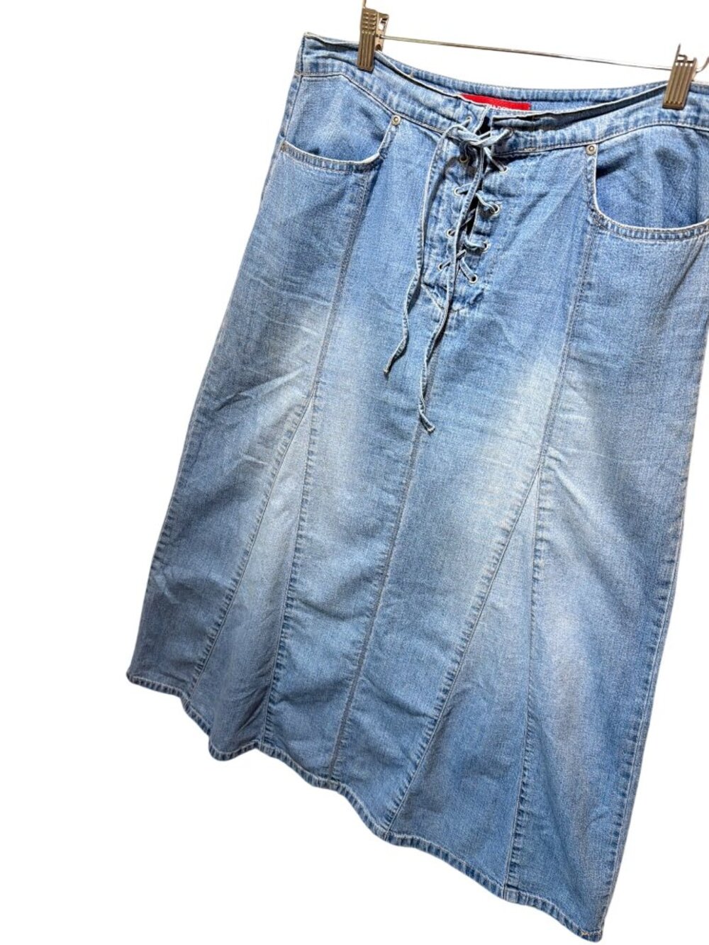 Gloria Vanderbilt Vintage Y2K Womens Blue Denim Lace-Up Front Midi Skirt Size 10